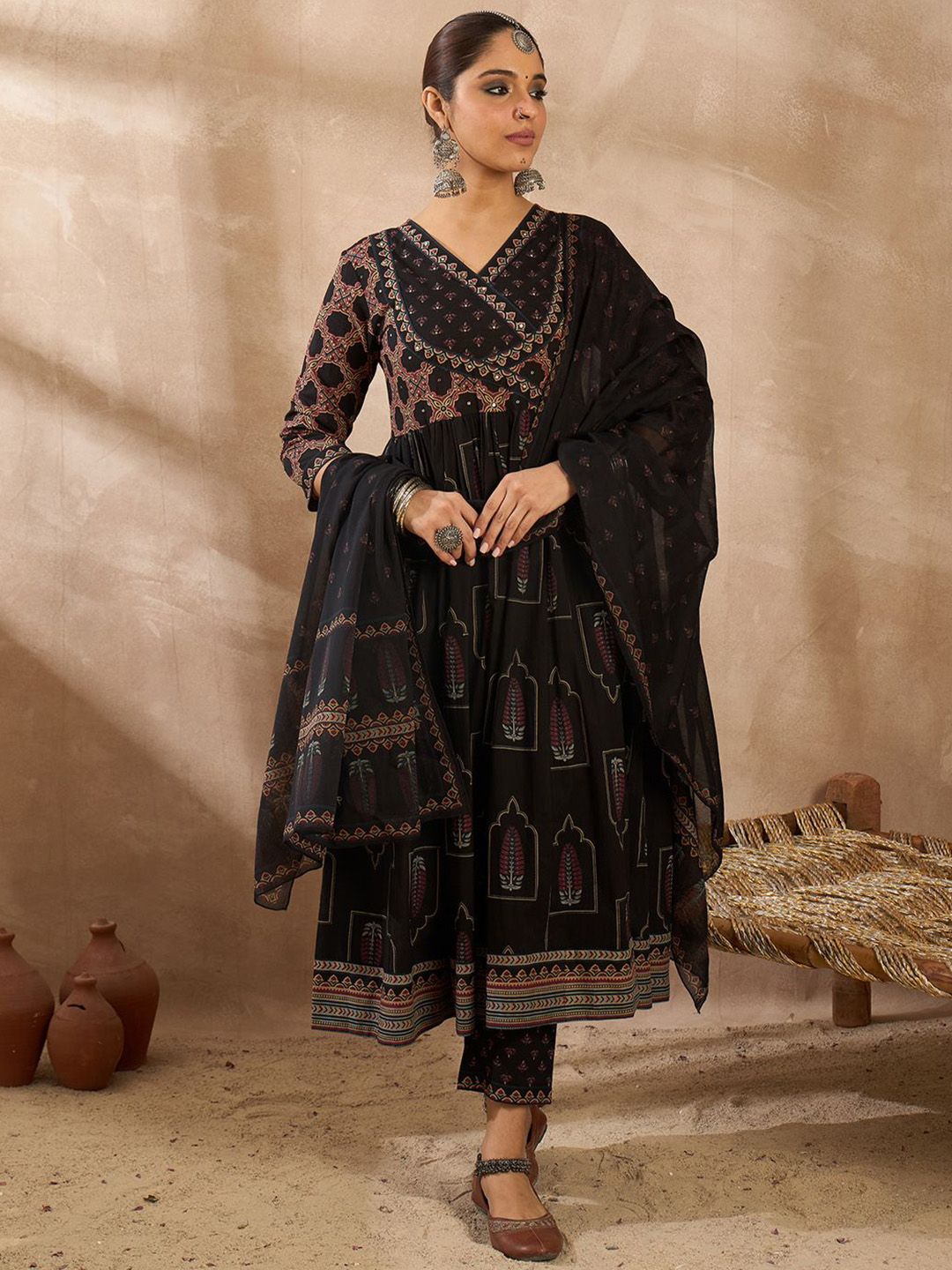 Women Ethnic Motifs Printed Pleated Beads and Stones Pure Cotton Kurta with Trousers & With Dupatta