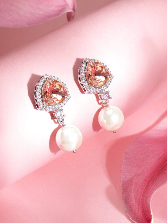 Dhiyona RJ Women's Silver Plated Peach Sapphire and Pearl Drop Earrings Elegant Jewelry