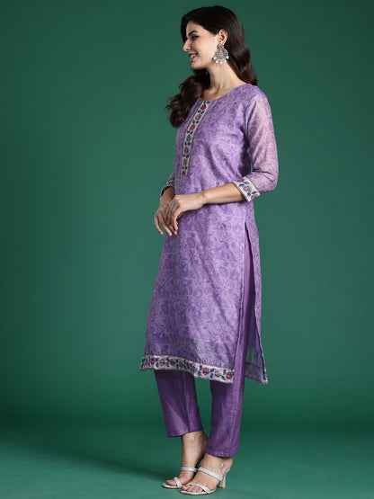 Floral Printed Beads & Stones Chanderi Silk Kurta With Trousers & Dupatta