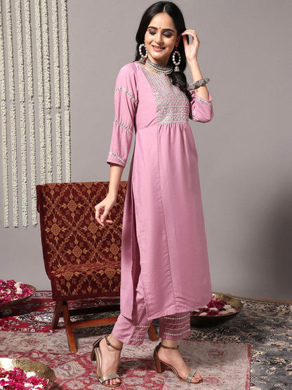 Dhiyona VA Women'sEthnic Motifs Yoke Design Mirror Work Straight Kurta With Trousers & Dupatta