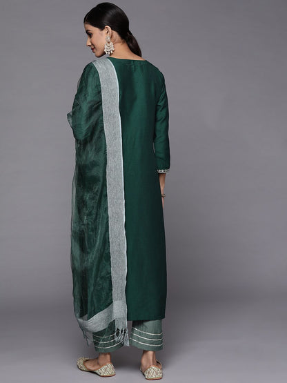 Dhiyona VA Women's Green Ethnic Motifs Embroidered Kurta with Trousers & With Dupatta