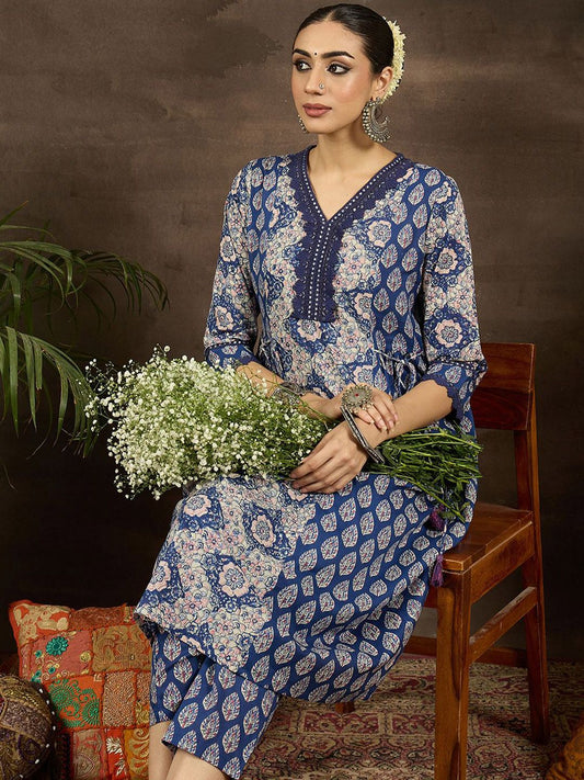 Dhiyona IE Floral Printed V-Neck Pure Cotton A-Line Kurta With Trousers