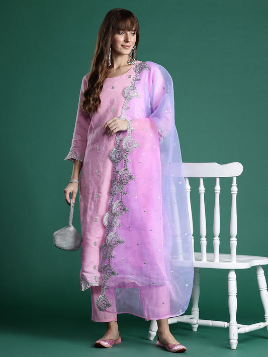 Dhiyona IE Ethnic Motifs Zari Embroidered Kurta With Trousers & Dupatta