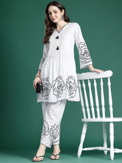 Floral Printed Pleated Mirror Work Pure Cotton Kurta with Palazzos