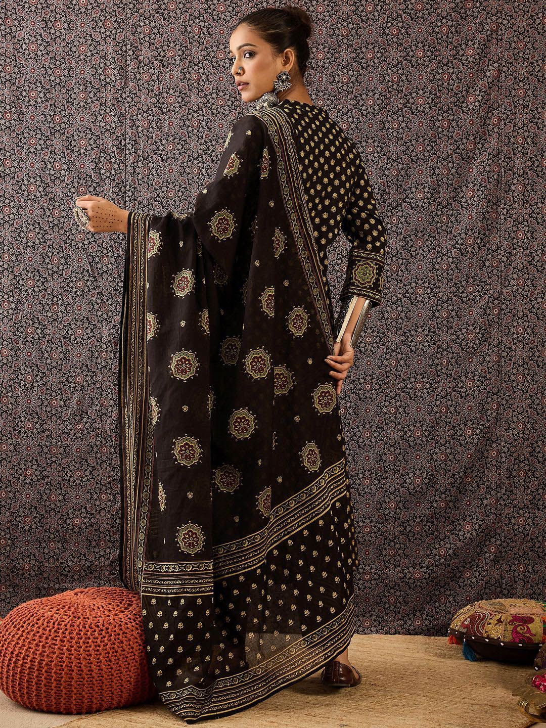 Dhiyona IE Women Ethnic Motifs Embroidered Panelled Thread Work Pure Cotton Kurta with Trousers & With Dupatta