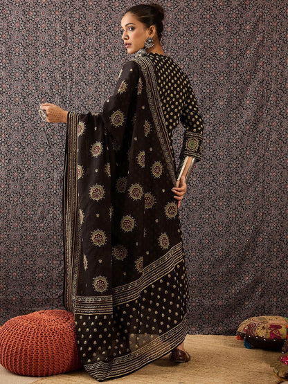 Dhiyona IE Women Ethnic Motifs Embroidered Panelled Thread Work Pure Cotton Kurta with Trousers & With Dupatta