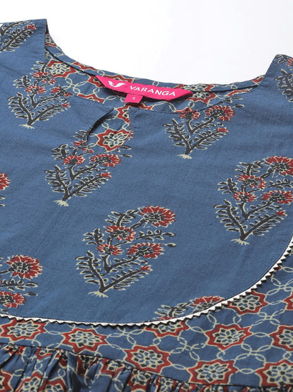 Dhiyona VA Women's Blue Ethnic Motifs Printed Pure Cotton Kurta with Trousers & Dupatta