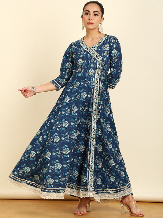 Dhiyona SO Women's Floral Printed Angrakha Pure Cotton Kurta With Trousers & Dupatta