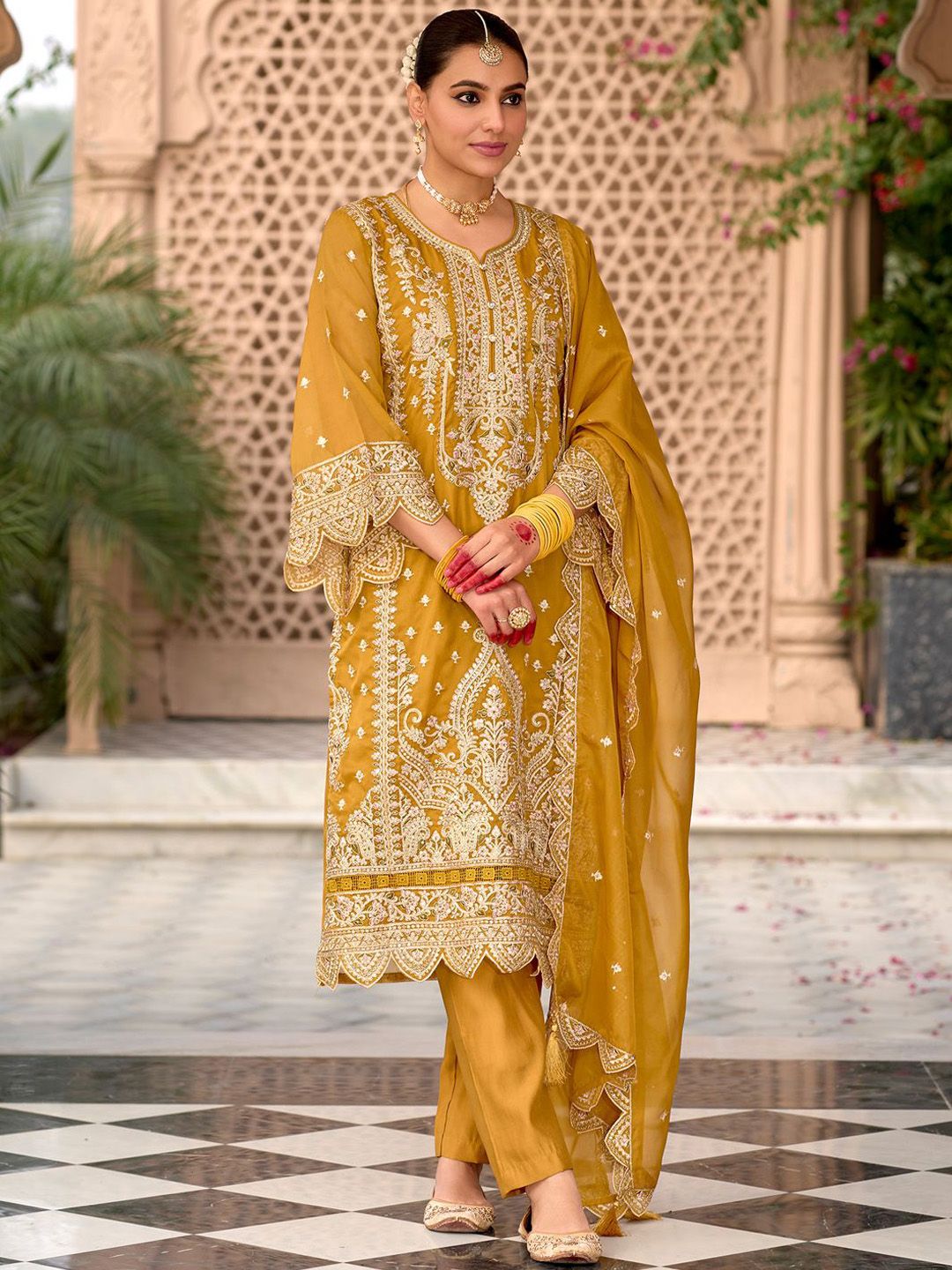 Floral Embroidered Zari Organza Kurta With Trousers And Dupatta