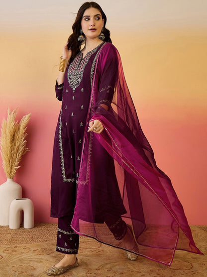 Dhiyona SN Women's Floral Zari Embroidered Notch Neck Straight Kurta With Trousers & Dupatta