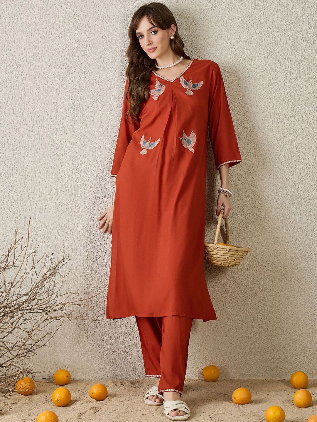 Dhiyona IE Embroidered V-Neck Tunic With Trousers