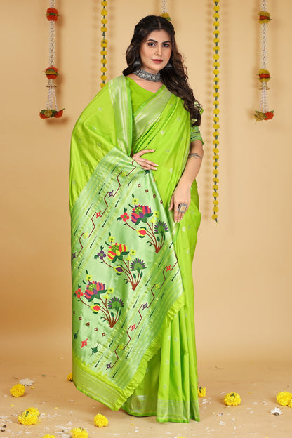 Dhiyona GR Women's Mastani Parrot Green Zari Paithani Silk Saree