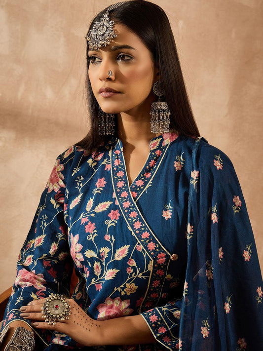 Dhiyona IE Women Floral Printed Angrakha Beads and Stones Pure Cotton Kurta with Trousers & With Dupatta