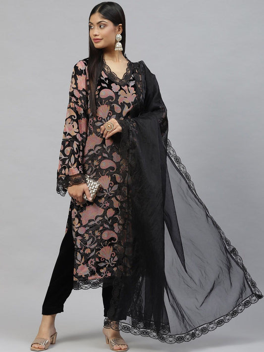 Dhiyona KL Floral Printed Straight Velvet Kurta With Harem Pants & Dupatta