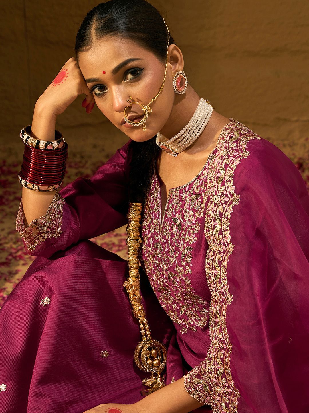 Floral Embroidered Sequinned Liva Kurta with Trousers & Dupatta