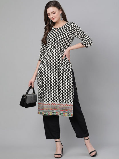Dhiyona IE Women Black & White Geometric Printed Straight Kurta