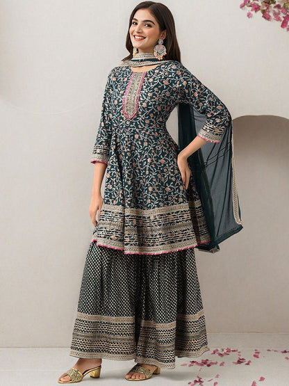 Dhiyona IS Women's Floral Printed Gotta Patti Pure Cotton Anarkali Kurta With Sharara & Dupatta
