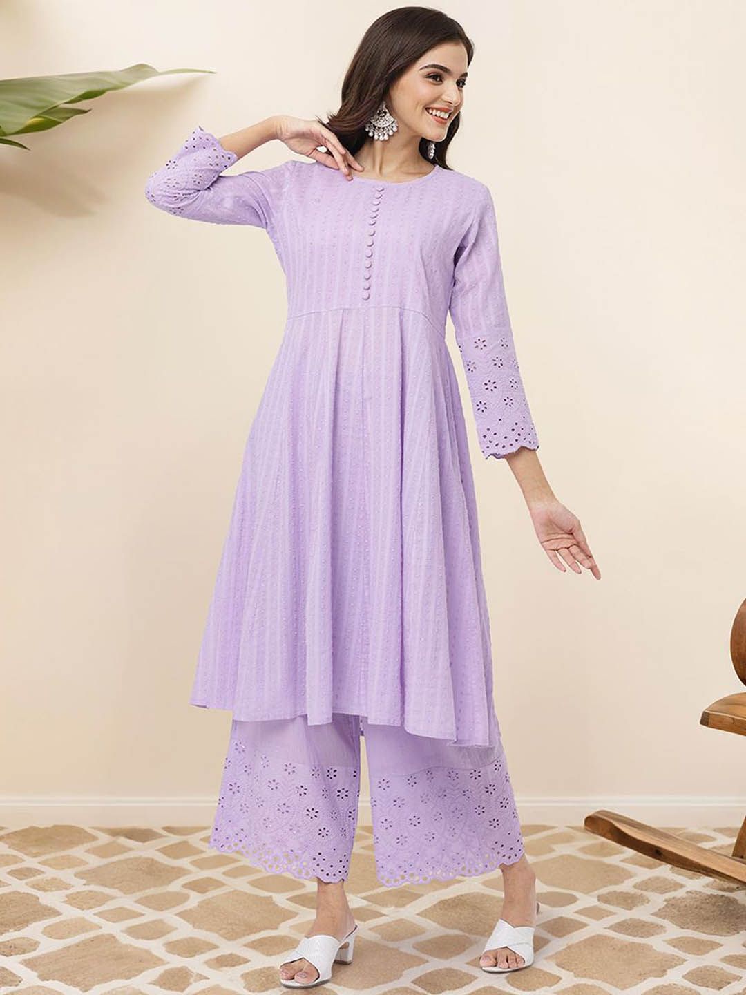 Dhiyona IS Women's Ethnic Motifs Embroidered Regular Pure Cotton Anarkali Kurta with Trousers