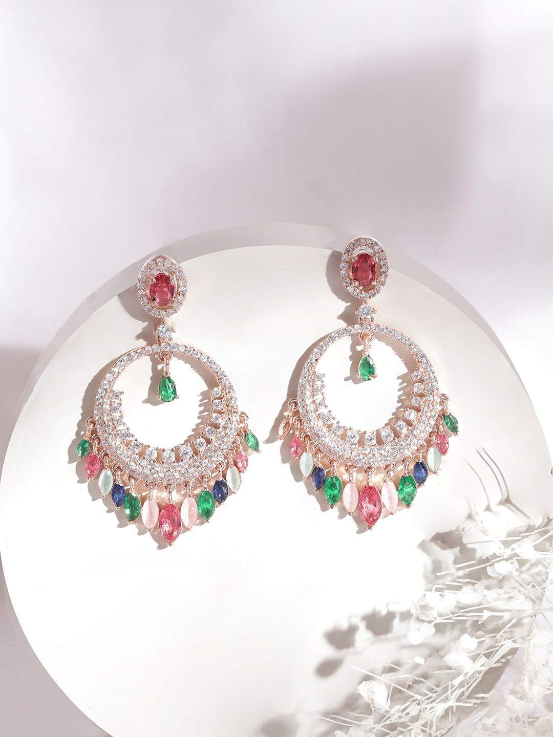 Dhiyona RJ Women's 22K Rose Gold-Plated Multicolor Cubic Zirconia Studded Chandbali Earrings
