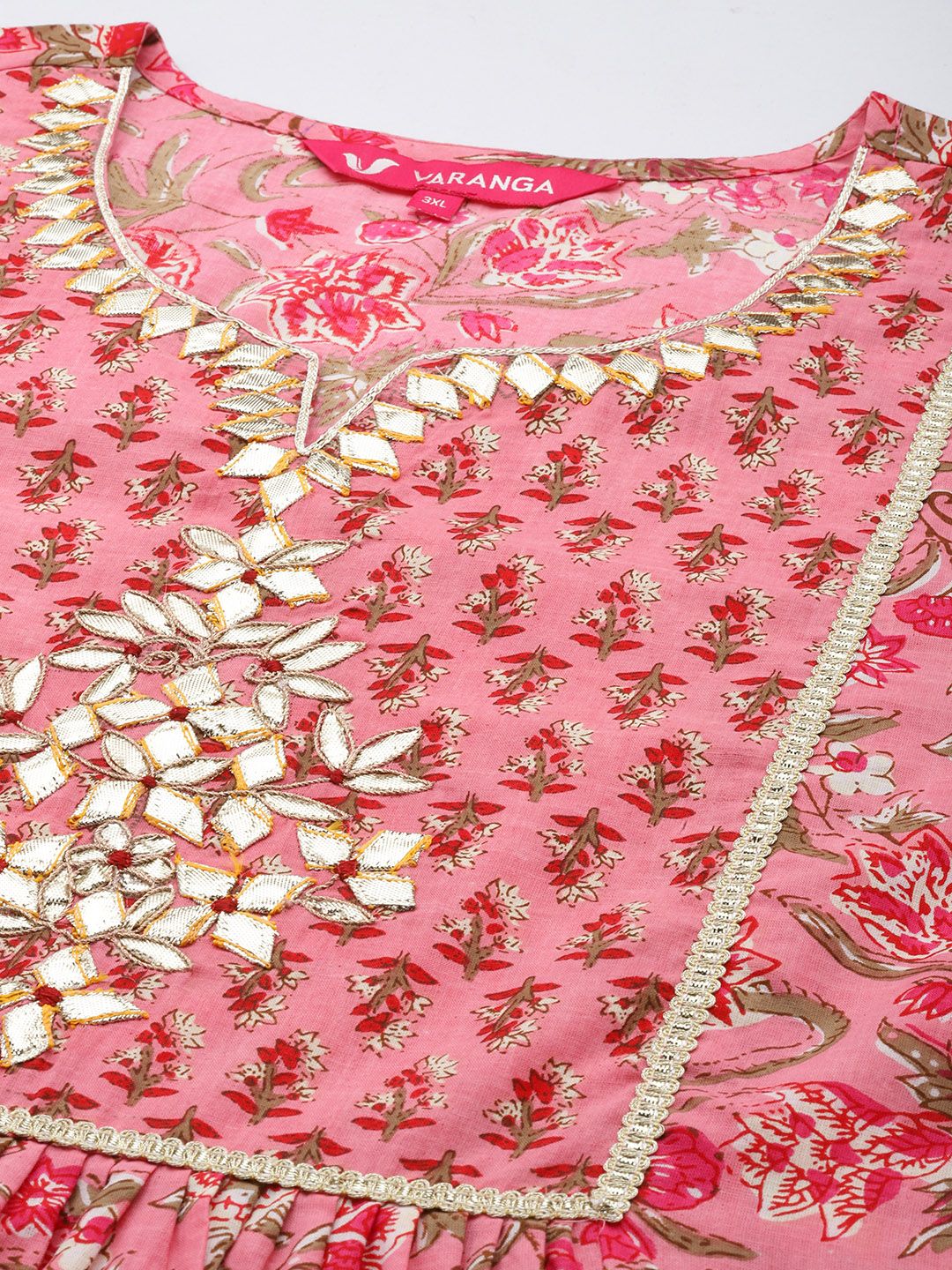 Dhiyona VA Women's Pink Floral Printed Gotta Patti Pure Cotton Kurta with Trousers & Dupatta