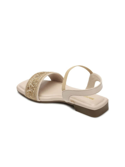 Dhiyona AK Cream-Colourblocked & Gold-Toned Embroidered Open Toe Flats
