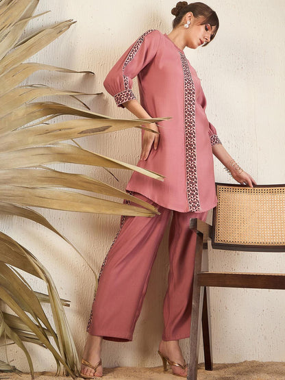 Pink Floral Printed Above Knee Shirt Collar Straight Kurta With Trouser