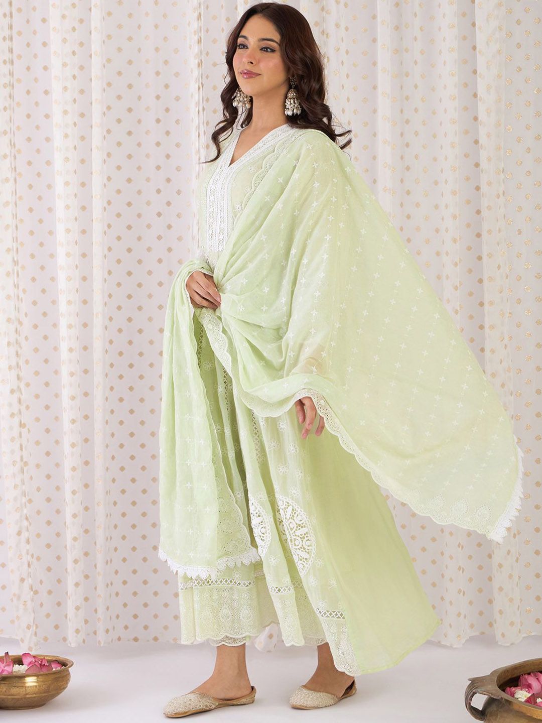 Dhiyona IE Floral Embroidered Thread Work Pure Cotton Anarkali Kurta With Trousers & Dupatta