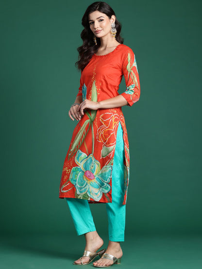 Floral Printed Beads & Stones Pure Cotton Kurta With Trousers & Dupatta