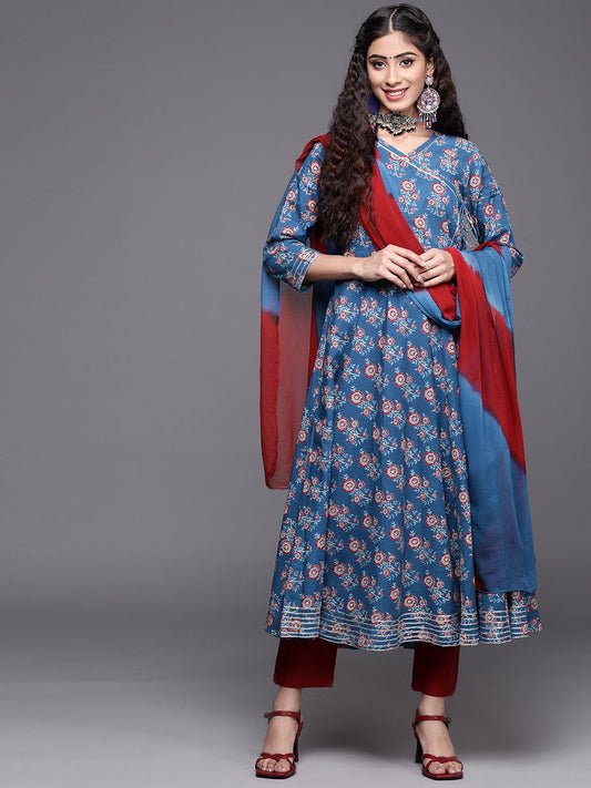 Dhiyona VA Women's Blue Ethnic Motifs Printed Angrakha Gotta Patti Kurta with Trousers & With Dupatta