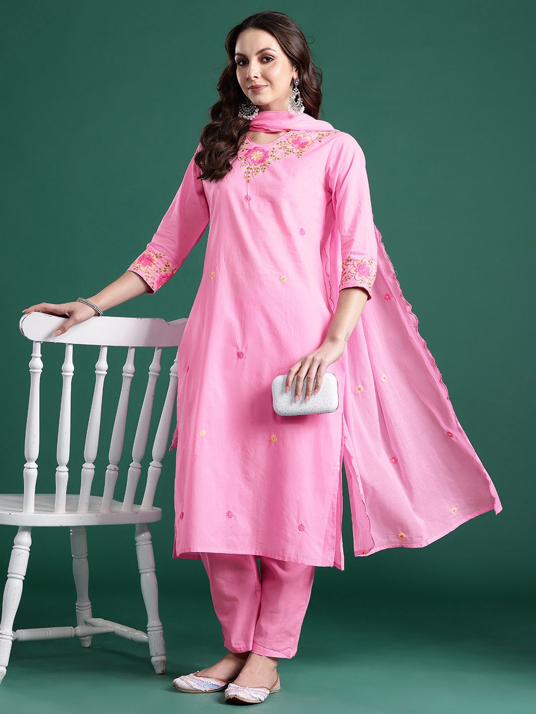 Dhiyona IE Floral Embroidered Pure Cotton Kurta with Trousers & Dupatta