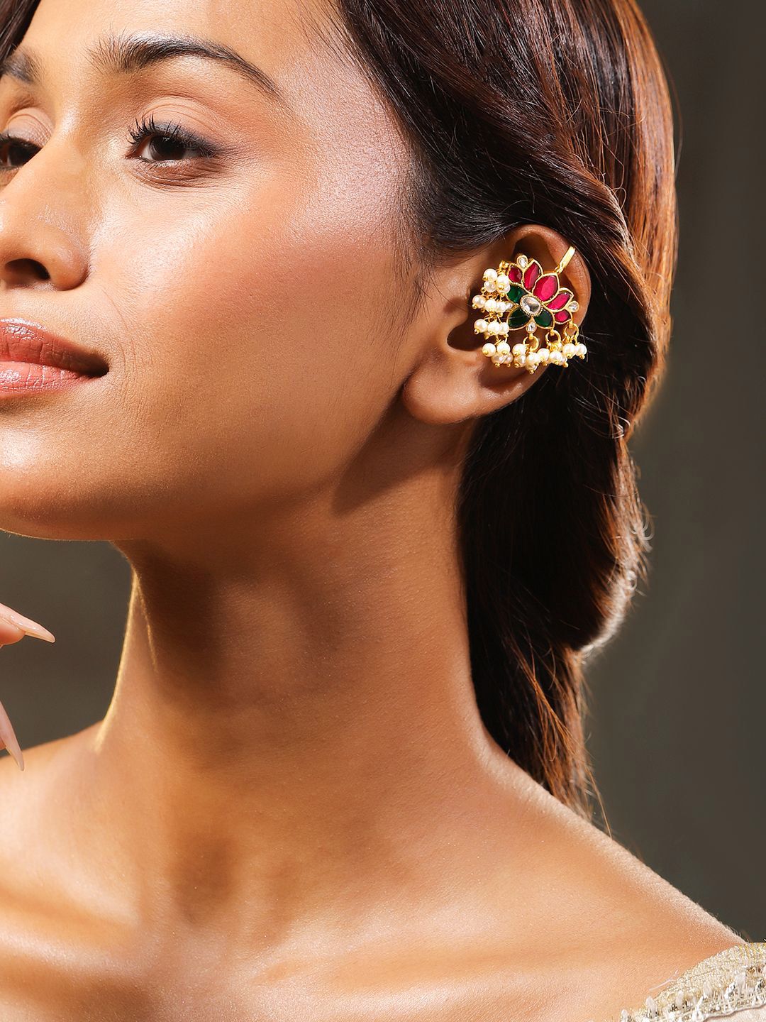 Dhiyona RJ Women's 22K Gold-Plated Ruby, Emerald & White Kundan Lotus Design Ear Cuff