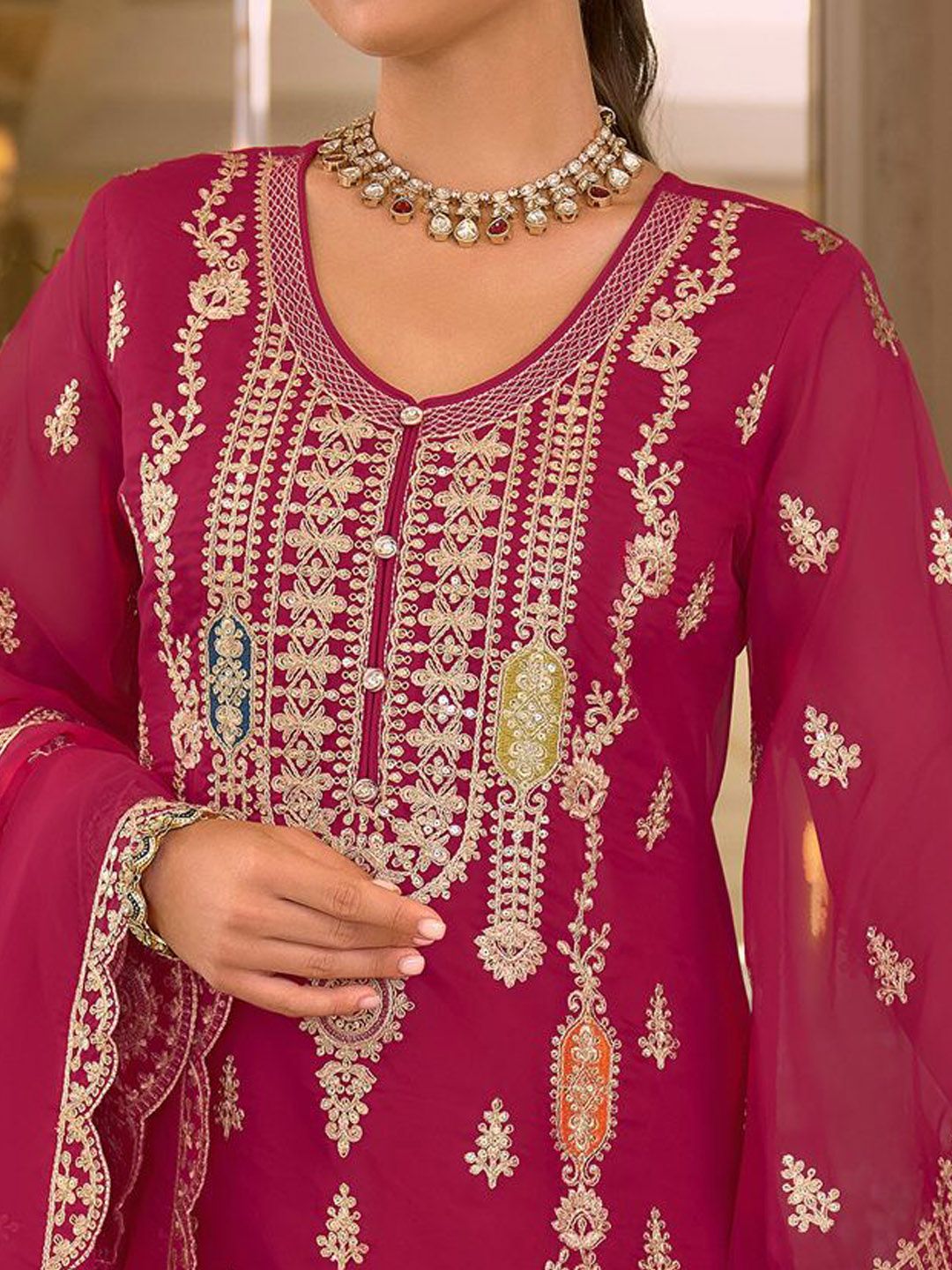 Ethnic Motifs Embroidered Zari Kurta with Trousers & Dupatta