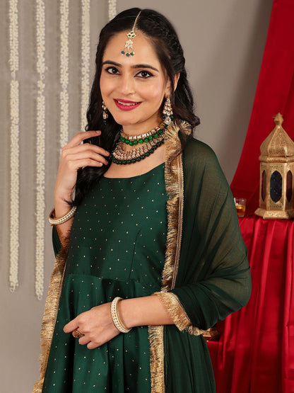 Dhiyona VA Women'sWoven Design Shoulder Straps Zari Detail Anarkali Kurta & Trousers With Dupatta