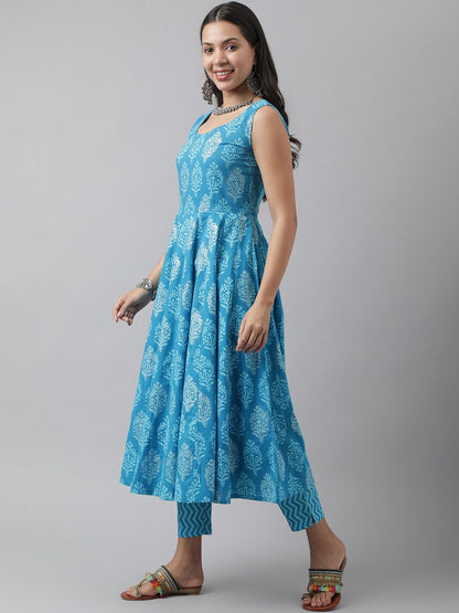Dhiyona KL Floral Printed Sequinned Sleeveless Pure Cotton Kurta With Trousers & Dupatta