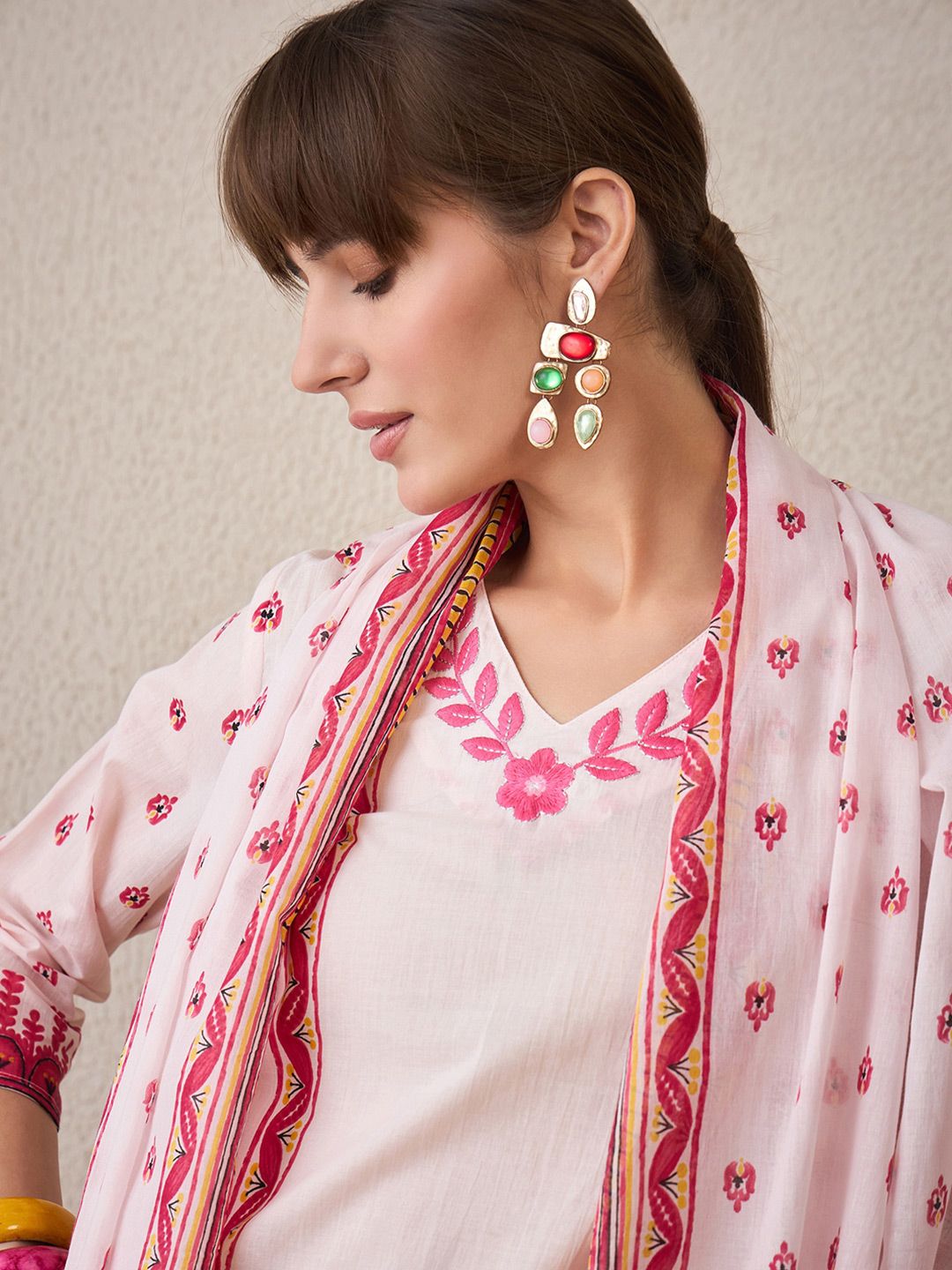 Dhiyona IE Floral Printed V-Neck Pure Cotton Straight Kurta With Trousers & Dupatta