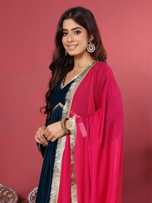 Dhiyona VA Women'sNavy Blue Flared Sleeves Lace Velvet Empire Kurta with Trousers & Dupatta
