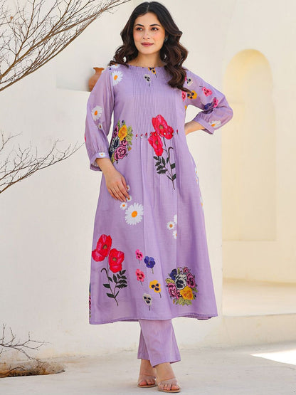Floral Printed Pure Cotton Kurta With Trousers