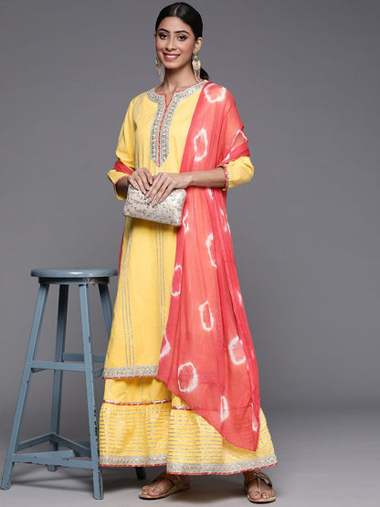 Dhiyona VA Women's Yellow Gotta Patti Pure Cotton Kurta with Sharara & With Dupatta