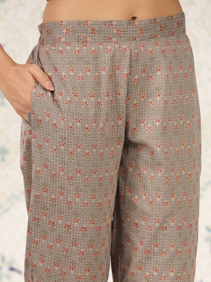 Dhiyona OD  Floral Printed Band Collar Pure Cotton Kurta with Trousers