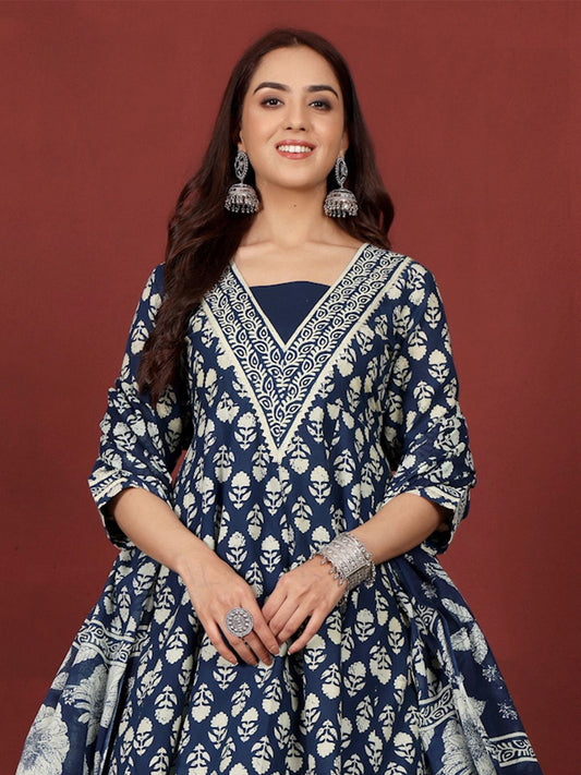 Dhiyona VA Women'sFloral Printed V-Neck Gotta Patti Pure Cotton A-Line Kurta With Trousers & Dupatta