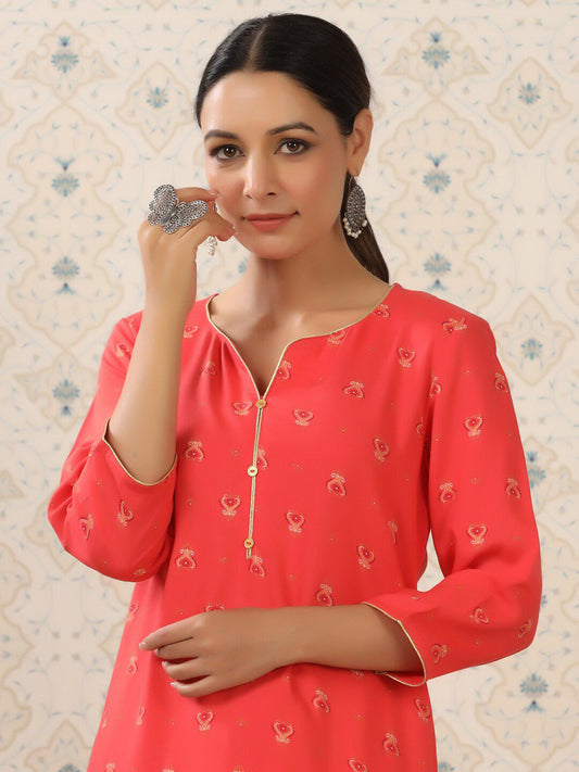 Dhiyona OD  Red & Yellow Ethnic Motif Printed Notched Neck Kurta With Palazzos