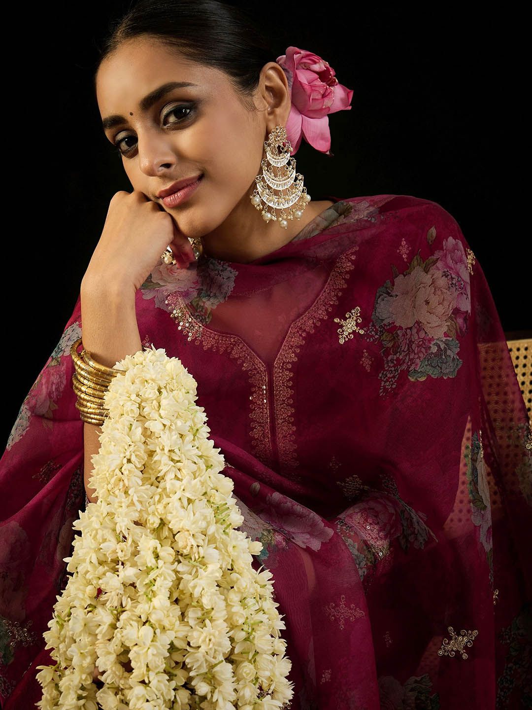 Dhiyona IE Floral Embroidered Straight Kurta with Trousers & Dupatta