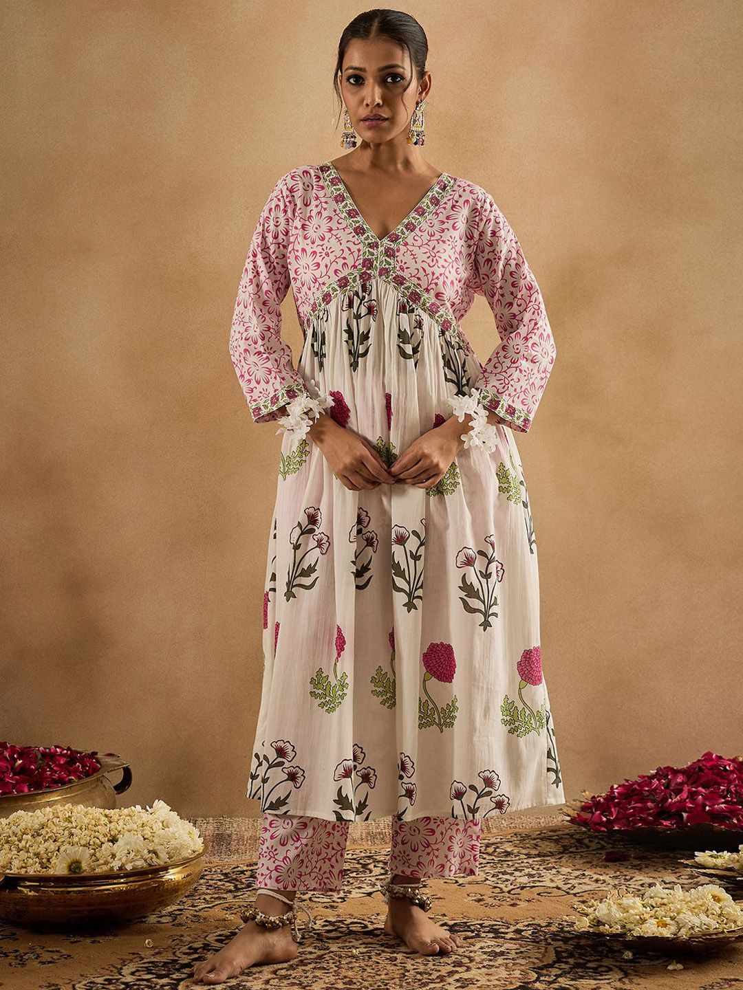 Floral Printed V-Neck Cotton Empire Anarkali Kurta With Trousers & Dupatta