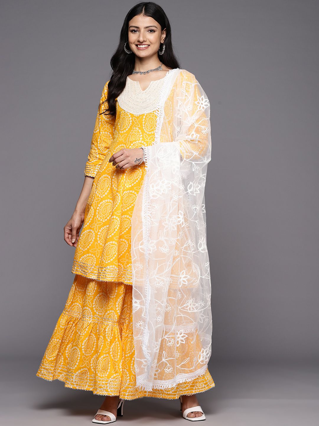 Dhiyona VA Women'sBandhani Printed Gotta Patti Pure Cotton Kurta With Sharara & With Dupatta