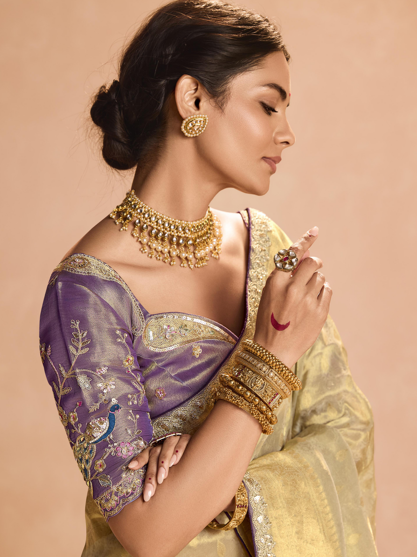 Dhiyona KM Women Gold Kanjivaram Silk Saree With Royal Purple Embroidered Blouse “ Timeless Grace