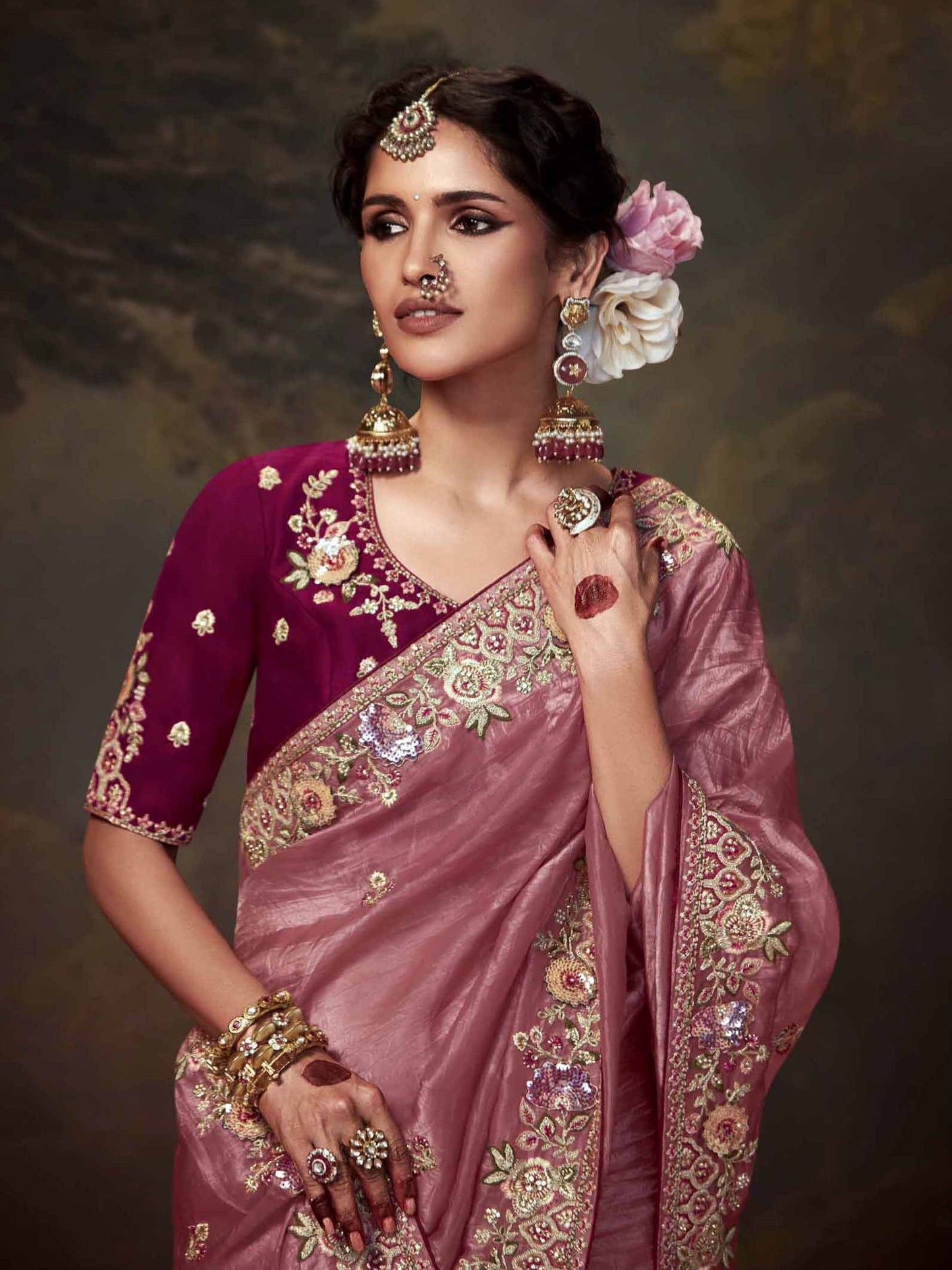 Dhiyona KM Women Rose Designer Organza Silk Saree