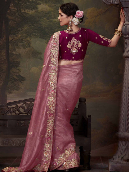 Dhiyona KM Women Rose Designer Organza Silk Saree