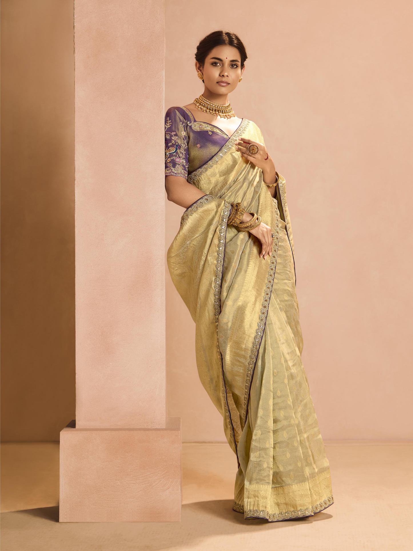 Dhiyona KM Women Gold Kanjivaram Silk Saree With Royal Purple Embroidered Blouse “ Timeless Grace