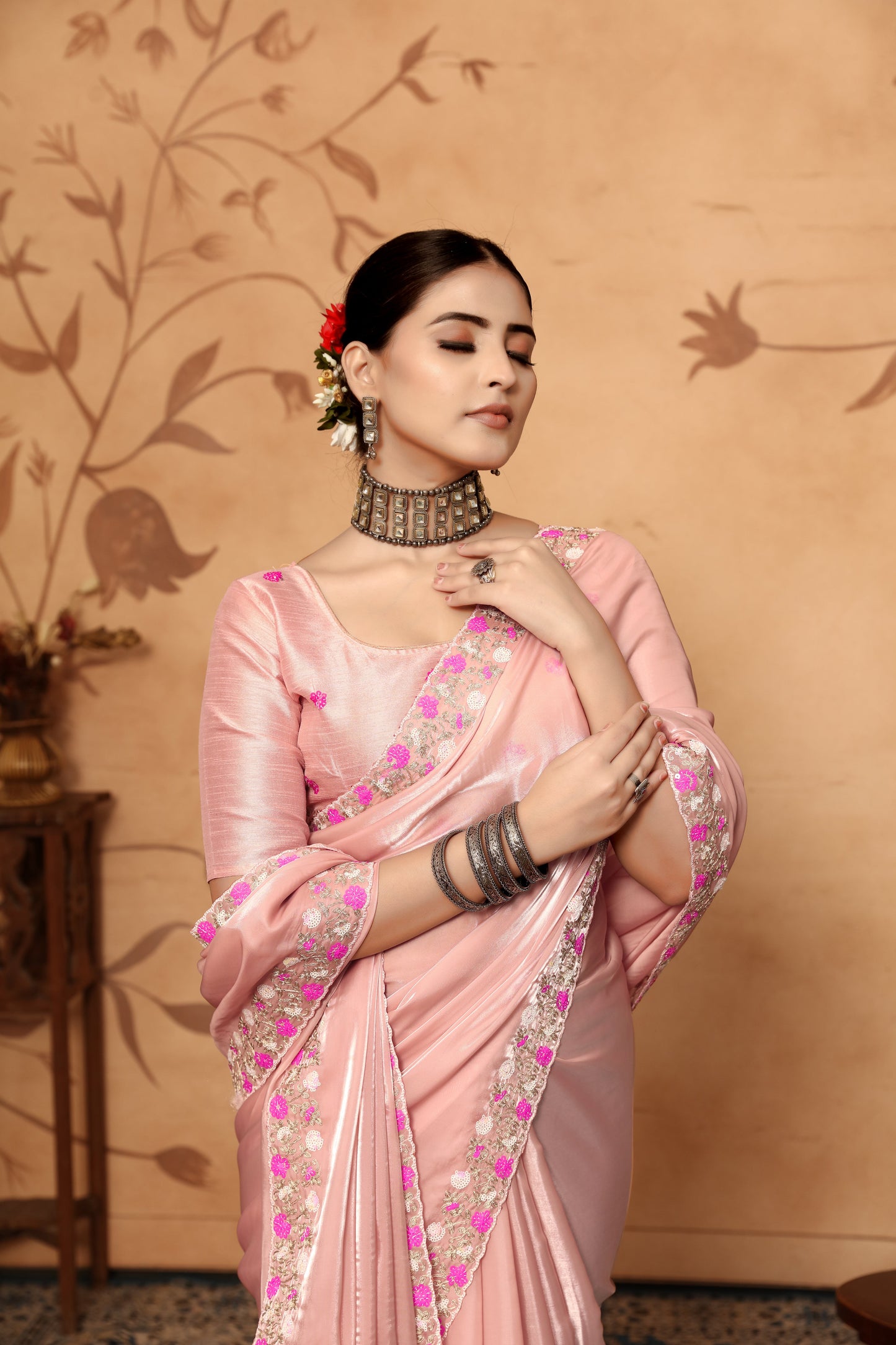 Dhiyona GR Women's Armani Pink Jimmi Choo Embroidered Saree