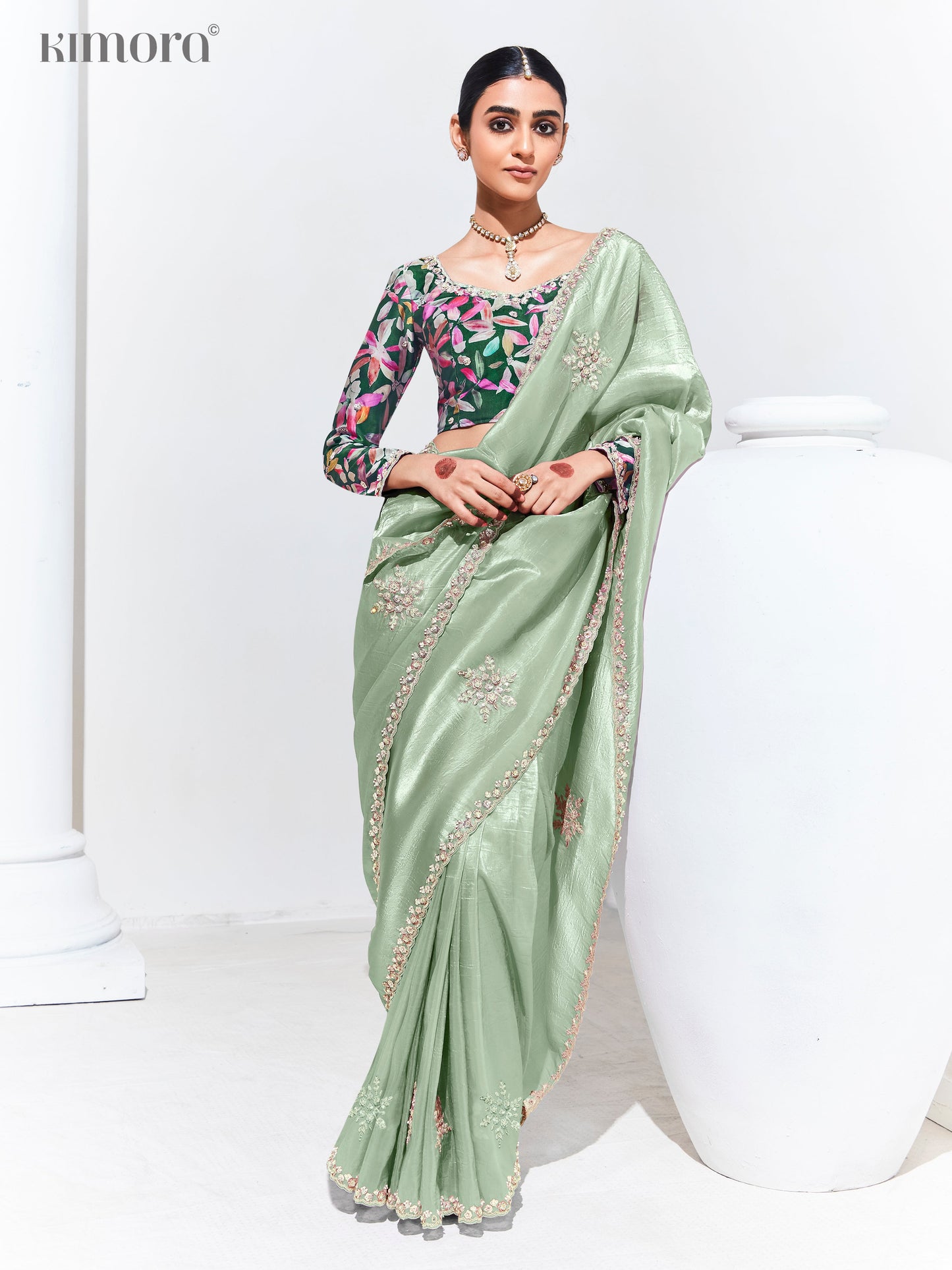 Dhiyona KM Women Sea Green Pure Tissue Silk Saree With Crushed Finish & Multicolor Blouse